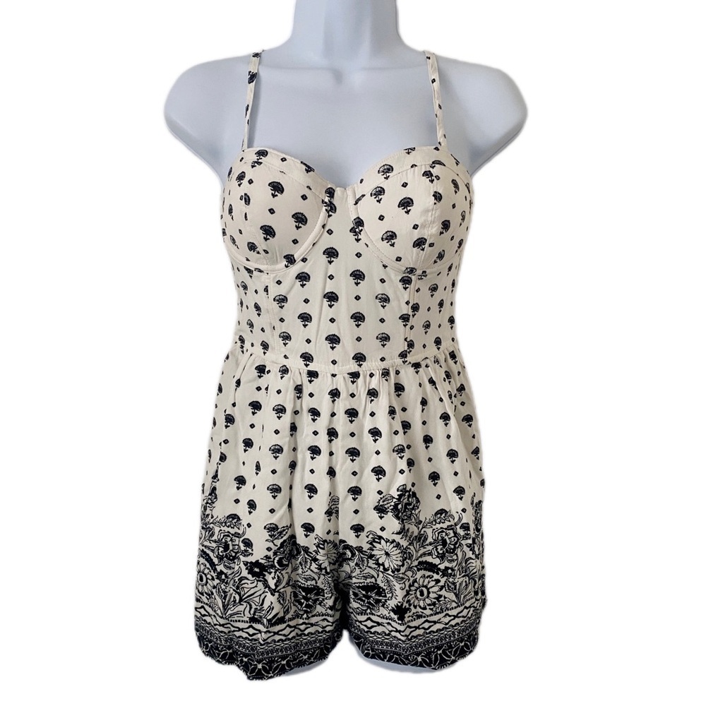 Abercrombie & Fitch Boho Floral Black & White Corset Romper Adjustable Straps